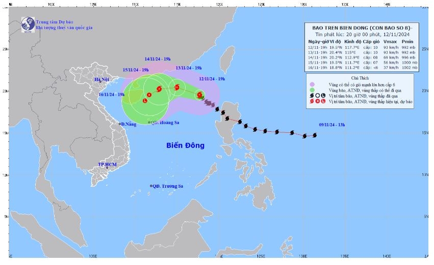 Bão số 8 giật cấp 12, di chuyển theo hướng Tây Bắc